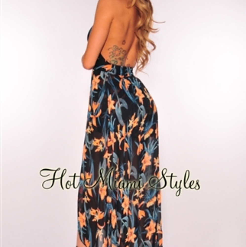 Navy Blue Coral Floral Print Dress - Picture 3 of 4